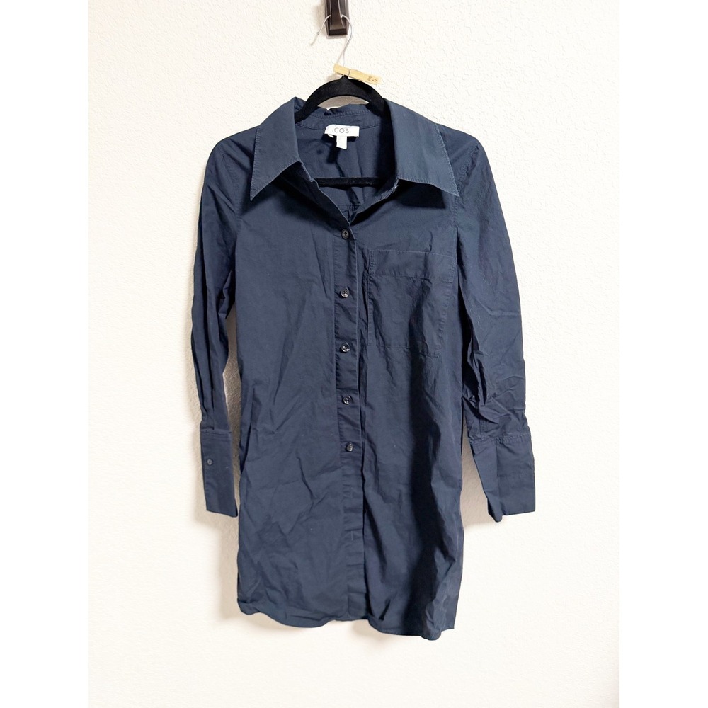 COS Relaxed Fit Midi Shirt Dress Button Up Long Sleeve Oversized Navy Size 4 - Picture 2 of 5
